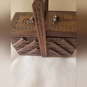 Rare Find Early Hand- Carved Wooden Tailoring Box Solid Wood Expandable Sewing